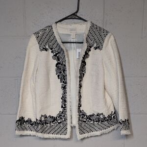 Chico's Cream Tweed Beaded Embroidered Open Front Blazer Size 1 (Medium 8) NWT